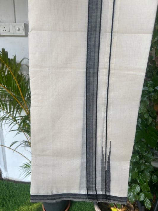 25% DISCOUNT!! KaithariKada HANDLOOM  UNAKKUPAAV Balaramapuram - 100% PURE Cotton OFF White - (Unbleached) Double Mundu/Dothi - 100X100 - 2 cm Black & Grey stripes Puliyilakkara chutty 3.80 meter (8.5 Muzham) - 8KK5167REA
