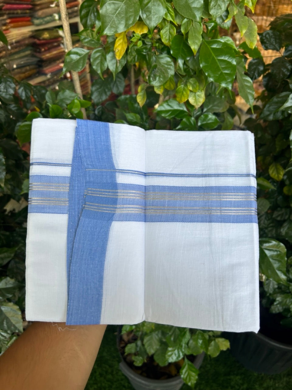 Linen Dhoti New! 20% Discount from Kaitharikada.com - Double Mundu/Dhoti 80x90 Thread Pure White - Pure Cotton + Linen - 1.75 Inch Blue & Silver Kasav Striped Kara 4 mtr (8.5 muzham) - 14 KK5299 THI