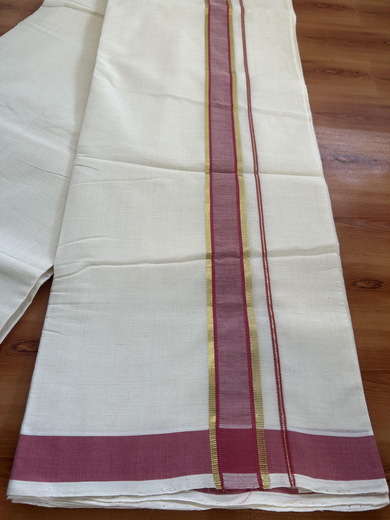 Double Off White (Unbleached)  Mundu/Dhoti- 25% Discount KaithariKada Handloom Unakkupaav - Kerala Handloom - 100% Pure Cotton (100x80) - 1 Inch Gold Kasav & Reddish Pink Shaded Kara 3.80 mtr (8 muzham) - 5 KK5397 ELA