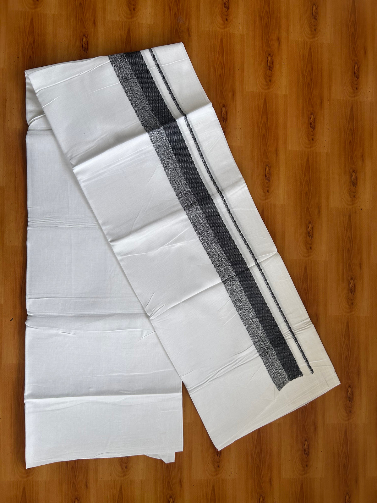 Pure White Double Mundu/Dhoti - 20% Discount ! Kaitharikada 100% Cotton - 100x80 - 1.75 inch Black Striped Kara 3.80 mtr (8 muzham) - 13 KK5558 THI