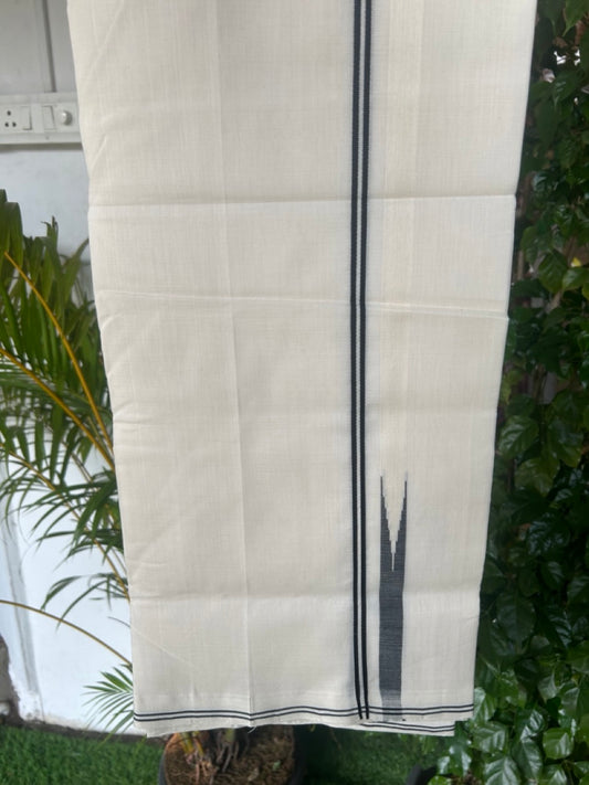 25% DISCOUNT!! KaithariKada HANDLOOM  UNAKKUPAAV Balaramapuram - 100% PURE Cotton OFF White - (Unbleached) Double Mundu/Dothi - 100X100 - 1 cm Black stripes Puliyilakkara Black chutty  - 5KK5167REA