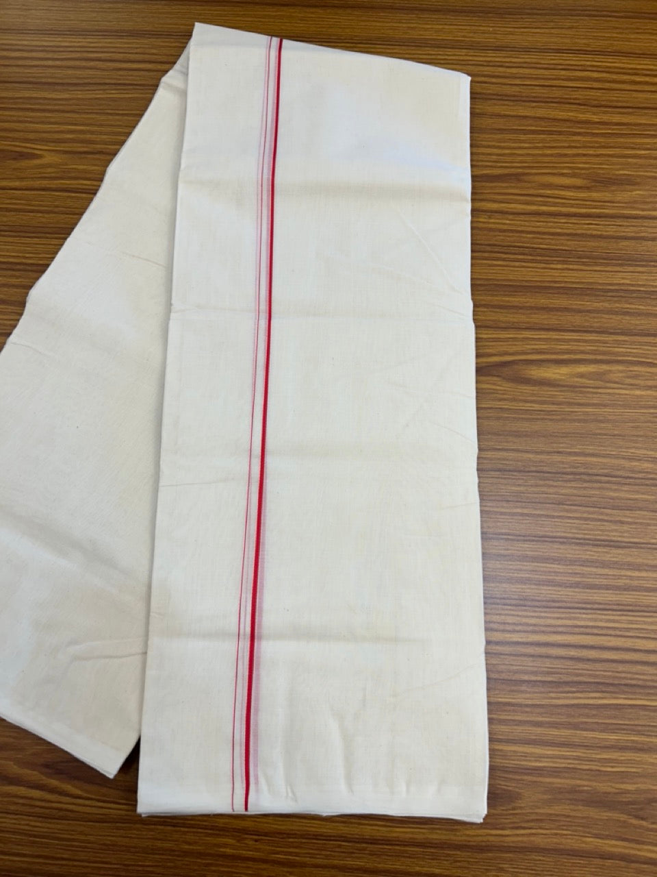 25% DISCOUNT! KaithariKada HANDLOOM Millpaav Balaramapuram - 100% PURE Cotton OFF WHITE (Unbleached) Double Mundu/Dhoti - 80X90 - 0.5 cm Bright Red Kara 4 mtr (8.5 muzham) - 41KK5234 RAM