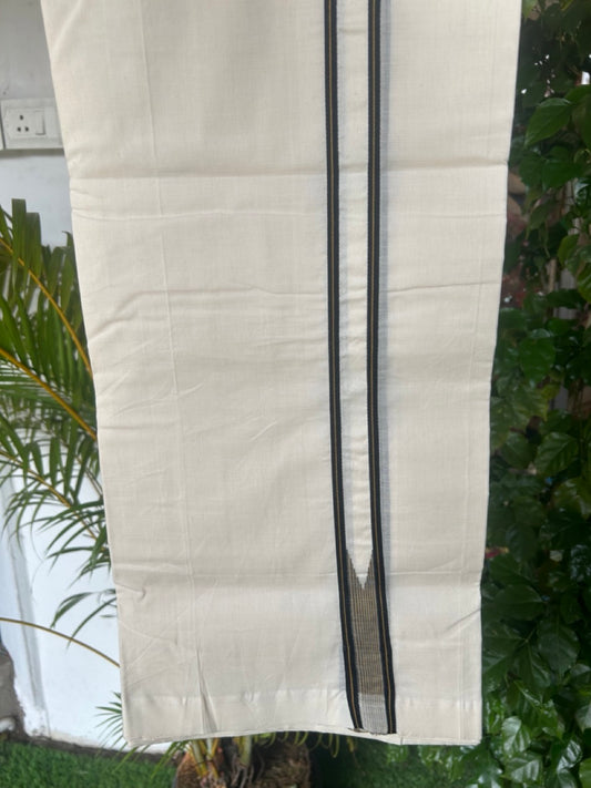25% DISCOUNT!! KaithariKada HANDLOOM  UNAKKUPAAV Balaramapuram - 100% PURE Cotton OFF White - (Unbleached) Double Mundu/Dothi - 100X100 - 1 inch Puliyilakkara Black & Mustard Yellow striped chutty  - 4KK5167REA
