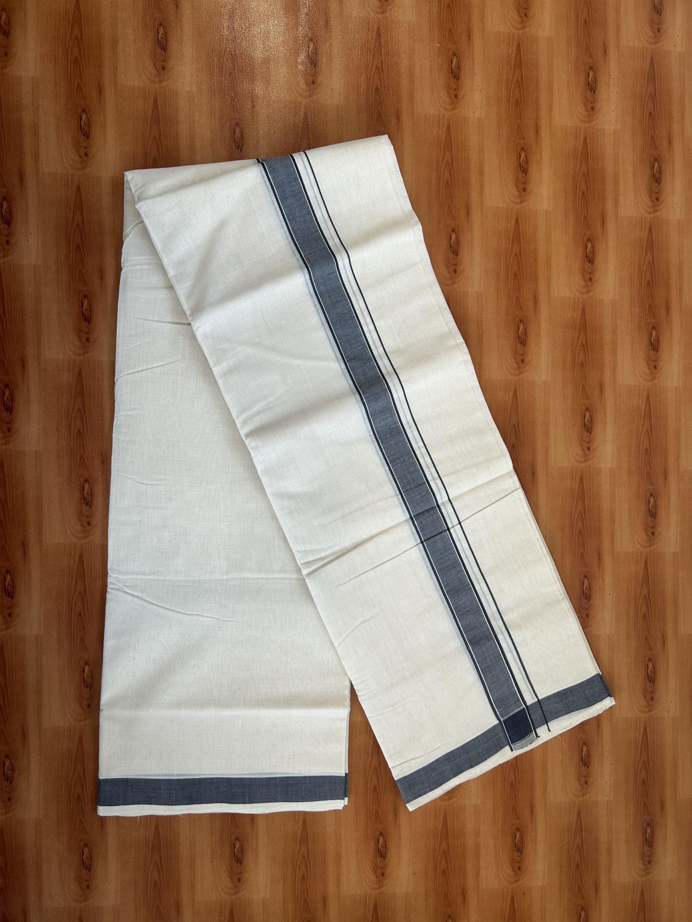 Double Off White (Unbleached)  Mundu/Dhoti- 25% Discount KaithariKada Handloom Unakkupaav - Kerala Handloom - 100% Pure Cotton (100x80) - 1 Inch Greyish Navy Blue Shaded Kara 3.80 mtr (8 muzham) - 2 KK5397 ELA