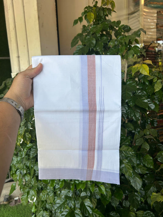 20% Discount ! Kaitharikada Balaramapuram 100% Pure Cotton Double Pure White Mundu/Dhoti - 100x80 - 1.5 inch Light Lavender & Red Shaded Stripes Chutty 3.90 mtr (8 muzham) - 99 KK5361 PMC