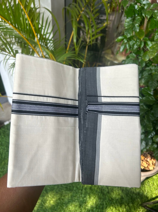 25% DISCOUNT!! KaithariKada HANDLOOM  UNAKKUPAAV Balaramapuram - 100% PURE Cotton OFF White - (Unbleached) Double Mundu/Dothi - 1 inch Black & White pattern kara 3.90 meter (8.5 Muzham) - 16KK5167REA