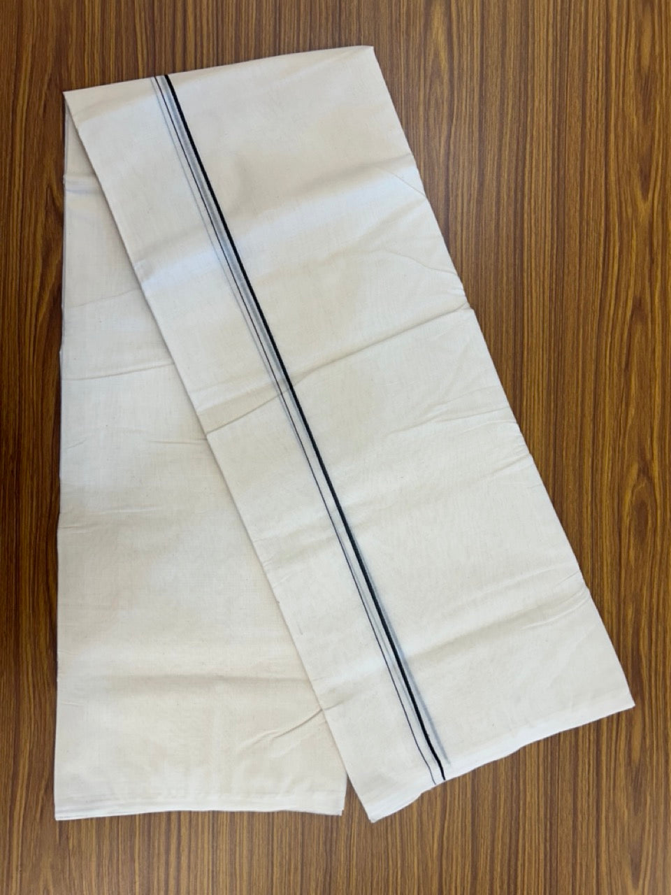 25% DISCOUNT! KaithariKada HANDLOOM Millpaav Balaramapuram - 100% PURE Cotton OFF WHITE (Unbleached) Double Mundu/Dhoti - 80X90 - 0.5 cm Black Kara 4 mtr (8.5 muzham) - 42KK5234 RAM