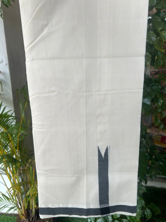 25% DISCOUNT!! KaithariKada HANDLOOM  UNAKKUPAAV Balaramapuram - 100% PURE Cotton OFF White - (Unbleached) Double Mundu/Dothi - 120 Twisted X 100 - 1 inch Black Puliyilakkara chutty 3.90 meter (8.5 Muzham) - 22KK5167REA