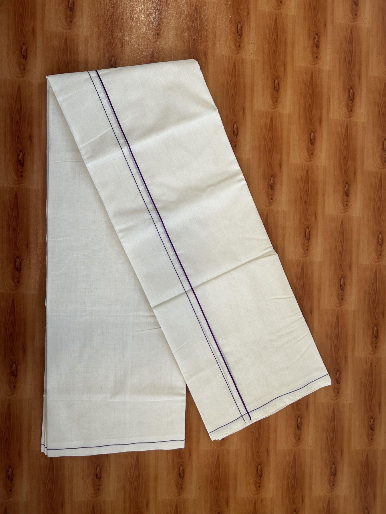 Double Off White (Unbleached)  Mundu/Dhoti- 25% Discount KaithariKada Handloom Unakkupaav - Kerala Handloom - 100% Pure Cotton (100x80) - 0.2 cm Violet Thin Kara 3.80 mtr (8 muzham) - 1 KK5397 ELA