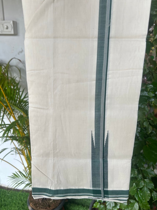 25% DISCOUNT!! KaithariKada HANDLOOM  UNAKKUPAAV Balaramapuram - 100% PURE Cotton OFF White - (Unbleached) Double Mundu/Dothi - 120 Twisted X 100 - 1.5 inch Green shaded White stripes Puliyilakkara chutty 3.90 meter (8.5 Muzham) - 20KK5167REA