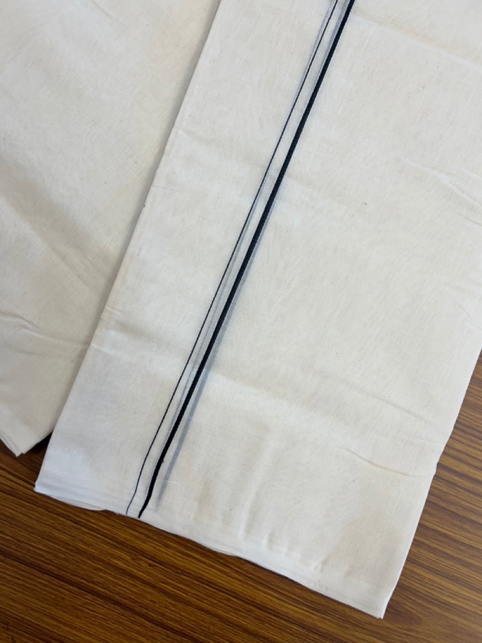 25% DISCOUNT! KaithariKada HANDLOOM Millpaav Balaramapuram - 100% PURE Cotton OFF WHITE (Unbleached) Double Mundu/Dhoti - 80X90 - 0.5 cm Black Kara 4 mtr (8.5 muzham) - 42KK5234 RAM
