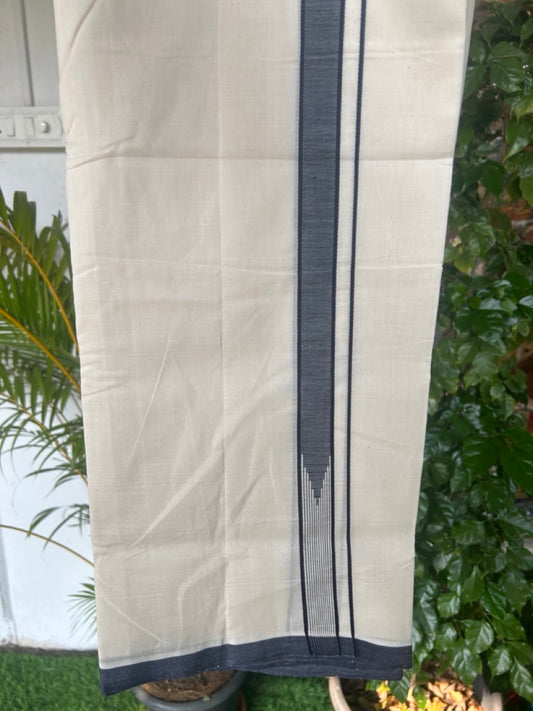 25% DISCOUNT!! KaithariKada HANDLOOM  UNAKKUPAAV Balaramapuram - 100% PURE Cotton OFF White - (Unbleached) Double Mundu/Dothi - 100X100 - 1 inch Silver kasavu Puliyilakkara Navy blue & White striped chutty 3.80 meter (8.5 Muzham) - 7KK5167REA