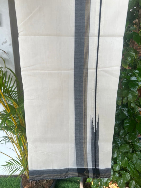 25% DISCOUNT!! KaithariKada HANDLOOM  UNAKKUPAAV Balaramapuram - 100% PURE Cotton OFF White - (Unbleached) Double Mundu/Dothi - Puliyilakkara 3 cm Black & Mustard Yellow striped chutty 3.90 meter (8.5 Muzham) - 9KK5167REA