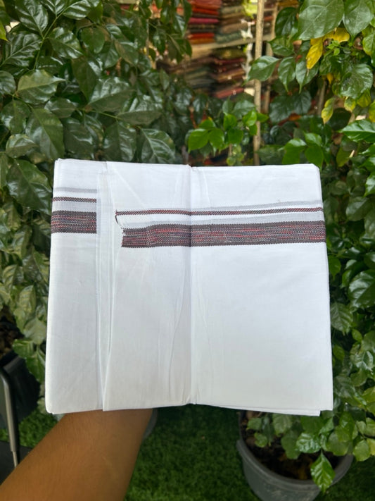 20% Discount ! Kaitharikada Balaramapuram 100% Cotton Pure White Rainbow Double Mundu/Dothi - 100x80 - 0.75 inch Brown & Multi colour Kara 3.80 mtr (8 muzham) - 32 KK5299 THI