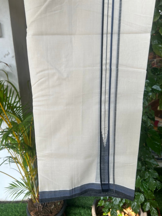 25% DISCOUNT!! KaithariKada HANDLOOM  UNAKKUPAAV Balaramapuram - 100% PURE Cotton OFF White - (Unbleached) Double Mundu/Dothi - 0.75 inch Blue & Black stripes Puliyilakkara chutty 3.90 meter (8.5 Muzham) - 13KK5167REA