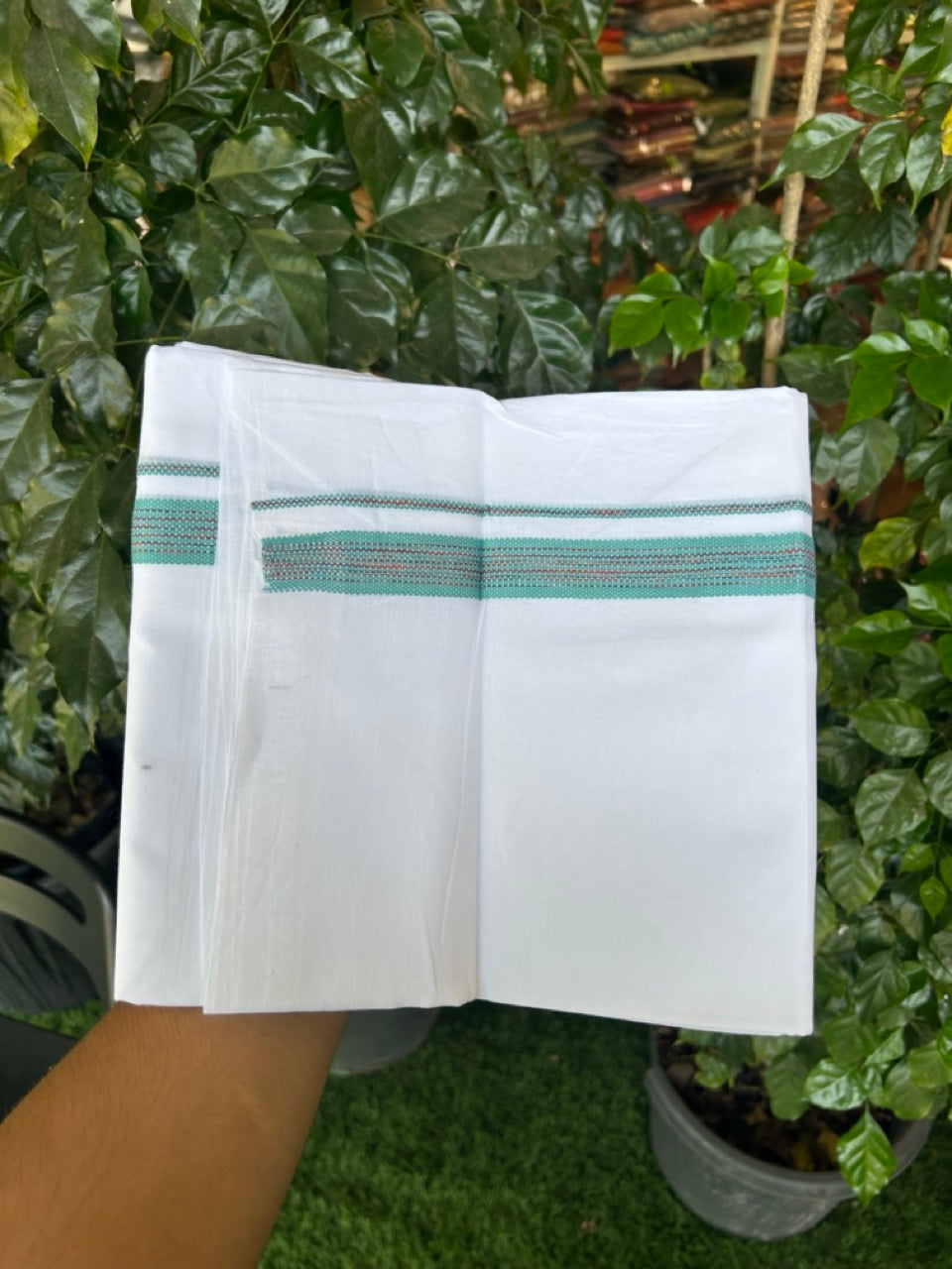 20% Discount ! Kaitharikada Balaramapuram 100% Cotton Pure White Double Rainbow Mundu/Dothi - 100x80 - 0.75 inch Ocean Blue & Multi colour Kara 3.80 mtr (8 muzham) - 21 KK5299 THI