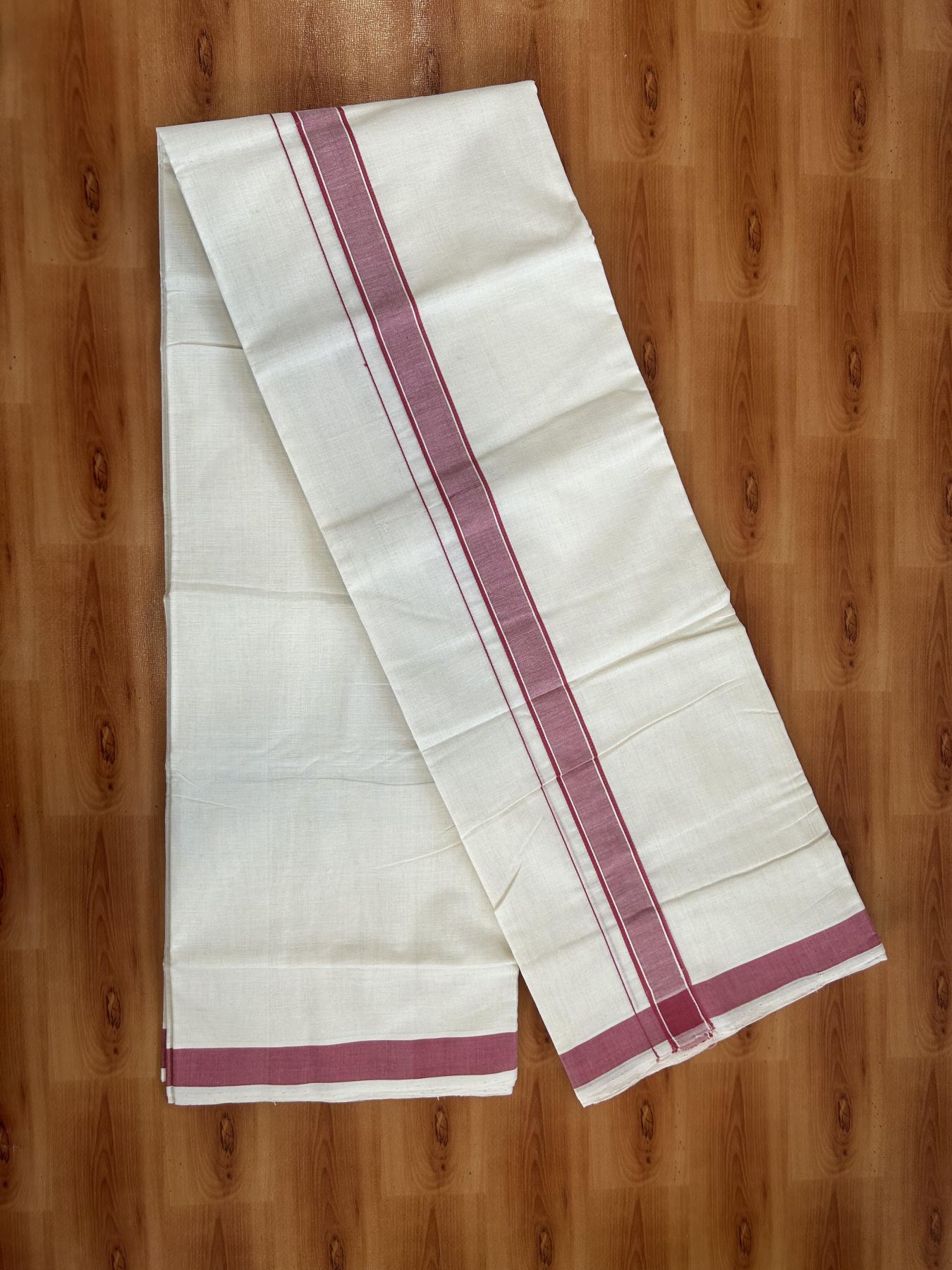 Double Off White (Unbleached)  Mundu/Dhoti- 25% Discount KaithariKada Handloom Unakkupaav - Kerala Handloom - 100% Pure Cotton (100x80) - 1 Inch Reddish Pink Shaded Kara 3.80 mtr (8 muzham) - 3 KK5397 ELA