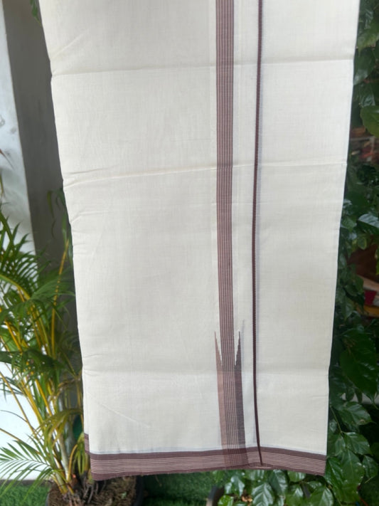 25% DISCOUNT!! KaithariKada HANDLOOM  UNAKKUPAAV Balaramapuram - 100% PURE Cotton OFF White - (Unbleached) Double Mundu/Dothi - Puliyilakkara 2 cm Brown & sand brown striped chutty 3.90 meter (8.5 Muzham) - 11KK5167REA