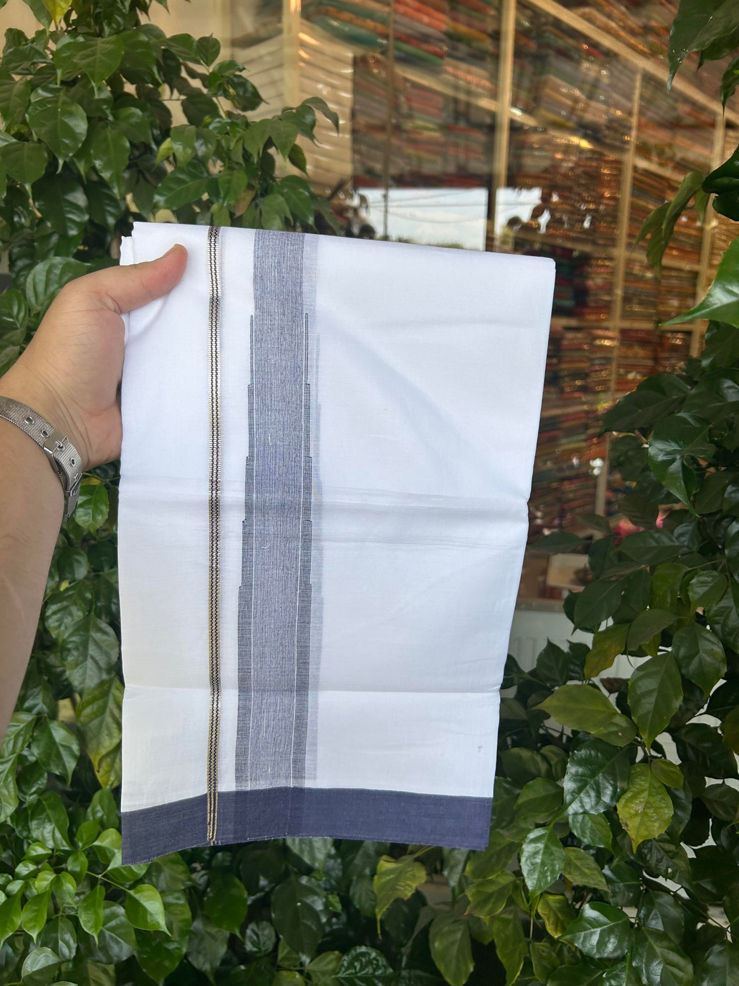 20% Discount ! KaithariKada Balaramapuram 100% Cotton Pure white Double Mundu/Dhoti - (100x80)s - 1.5 inch Silver Kasav & Navy Blue Shaded  Stripes Chutty Kara 3.90 mtr (8 muzham) - 128 KK5361 PMC