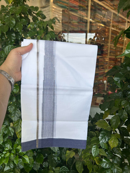 20% Discount ! KaithariKada Balaramapuram 100% Cotton Pure white Double Mundu/Dhoti - (100x80)s - 1.5 inch Silver Kasav & Navy Blue Shaded  Stripes Chutty Kara 3.90 mtr (8 muzham) - 128 KK5361 PMC