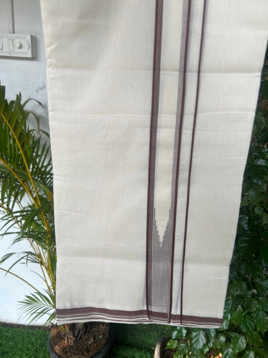 25% DISCOUNT!! KaithariKada HANDLOOM  UNAKKUPAAV Balaramapuram - 100% PURE Cotton OFF White - (Unbleached) Double Mundu/Dothi - 100X100 - 1.5 inch Puliyilakkara Brown & white striped chutty - 1KK5167REA