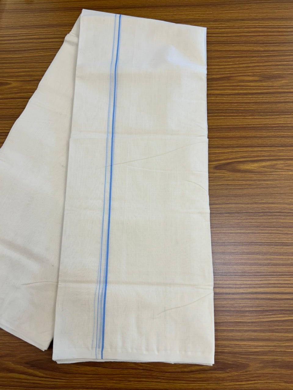 25% DISCOUNT! KaithariKada HANDLOOM Millpaav Balaramapuram - 100% PURE Cotton OFF WHITE (Unbleached) Double Mundu/Dhoti - 80X90 - 0.5 cm Baby Blue Kara 4 mtr (8.5 muzham) -  44KK5234 RAM