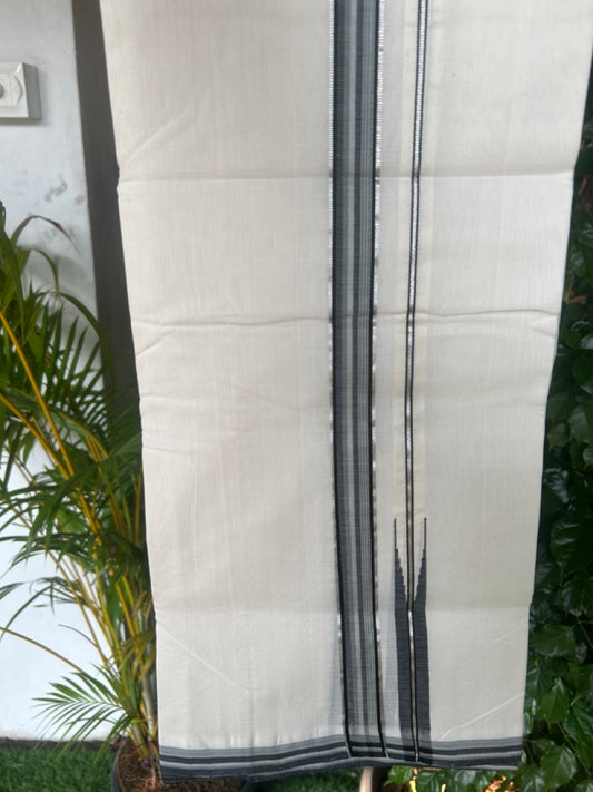 25% DISCOUNT!! KaithariKada HANDLOOM  UNAKKUPAAV Balaramapuram - 100% PURE Cotton OFF White - (Unbleached) Double Mundu/Dothi - 100X100 - 1 inch Silver kasavu Puliyilakkara Black & Sage grey stripes chutty 3.80 meter (8.5 Muzham) - 6KK5167REA