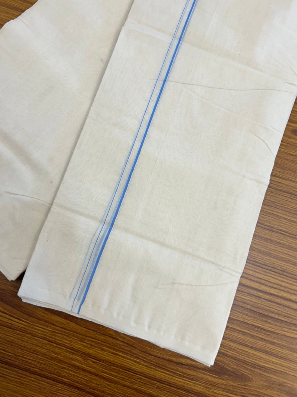 25% DISCOUNT! KaithariKada HANDLOOM Millpaav Balaramapuram - 100% PURE Cotton OFF WHITE (Unbleached) Double Mundu/Dhoti - 80X90 - 0.5 cm Baby Blue Kara 4 mtr (8.5 muzham) -  44KK5234 RAM