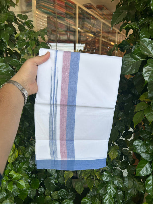 20% Discount ! Kaitharikada Balaramapuram 100% Pure Cotton Double Pure White Mundu/Dhoti - 100x80 - 1.75 inch Light Blue & Maroon Shaded Stripes Chutty 3.90 mtr (8 muzham) - 100 KK5361 PMC