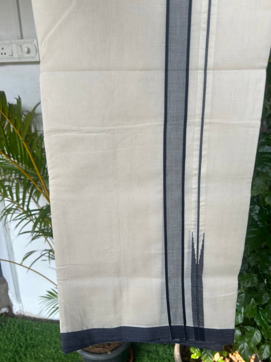 25% DISCOUNT!! KaithariKada HANDLOOM  UNAKKUPAAV Balaramapuram - 100% PURE Cotton OFF White - (Unbleached) Double Mundu/Dothi - 100X100 - 1 inch Navy blue & white stripes Puliyilakkara chutty  - 2KK5167REA