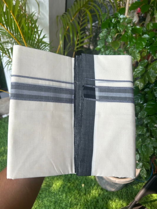 25% DISCOUNT!! KaithariKada HANDLOOM  UNAKKUPAAV Balaramapuram - 100% PURE Cotton OFF White - (Unbleached) Double Mundu/Dothi - 1.25 inch Black & White Pattern stripes kara - 19KK5167REA