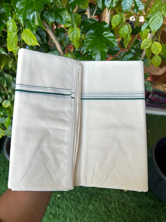 25% DISCOUNT! KaithariKada HANDLOOM Millpaav Balaramapuram - 100% PURE Cotton OFF WHITE (Unbleached) Double Mundu/Dhoti - 80X90 - 0.5 cm Dark Green Kara 4 mtr (8.5 muzham) - 15KK5234 RAM