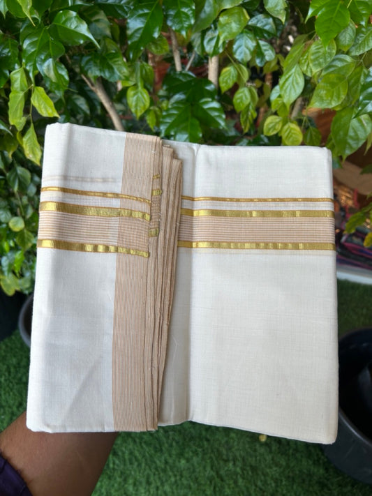 25% DISCOUNT!! KaithariKada HANDLOOM Millpaav Balaramapuram - 100% PURE Cotton OFF White Double (Unbleached) Mundu/Dothi - 80x90 - 1.5 Inch Gold Kasavu & Light Orange Stripes Kara 4 mtr (8.5 muzham) - 7KK5234 RAM