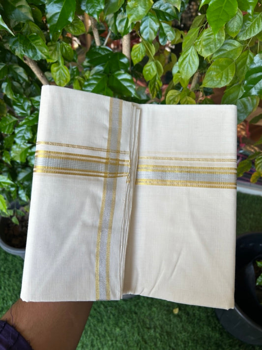 25% Discount ! KaithariKada HANDLOOM MILLPAAV Balaramapuram - 100% PURE Cotton Off White - (Unbleached) Double Mundu/Dhoti - 80X90 - 1 inch Gold Kasavu & Silver Kasavu Stripes Kara 4 mtr (8.5 muzham)- 17KK5234 RAM