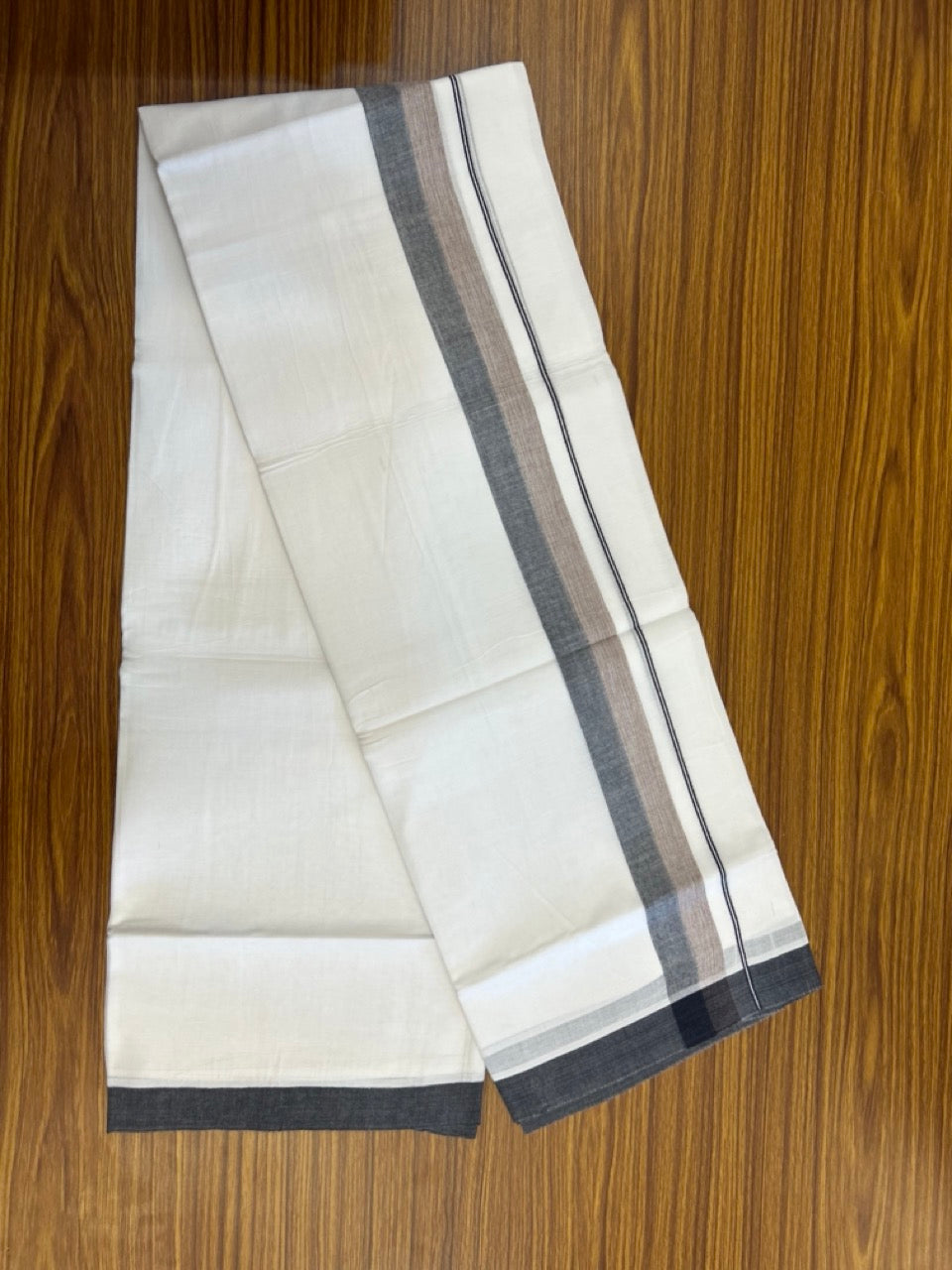 20% Discount ! Kaitharikada Balaramapuram 100% Cotton Pure White Double Mundu/Dothi - 60s - 1.5 inch Light Brown & Black Shaded Kara 3.80 mtr (8 muzham) - 50 KK5299 THI