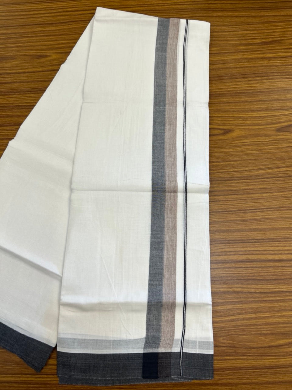 20% Discount ! Kaitharikada Balaramapuram 100% Cotton Pure White Double Mundu/Dothi - 60s - 1.5 inch Light Brown & Black Shaded Kara 3.80 mtr (8 muzham) - 50 KK5299 THI