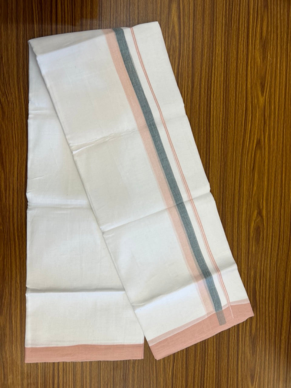 20% Discount ! Kaitharikada Balaramapuram 100% Cotton Pure White Double Mundu/Dothi - 60s - 1.5 inch Green & Light Peach Kara 3.80 mtr (8 muzham) - 45 KK5299 THI