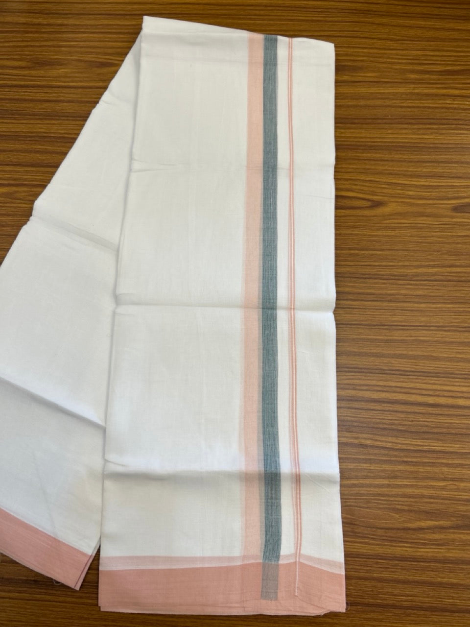20% Discount ! Kaitharikada Balaramapuram 100% Cotton Pure White Double Mundu/Dothi - 60s - 1.5 inch Green & Light Peach Kara 3.80 mtr (8 muzham) - 45 KK5299 THI