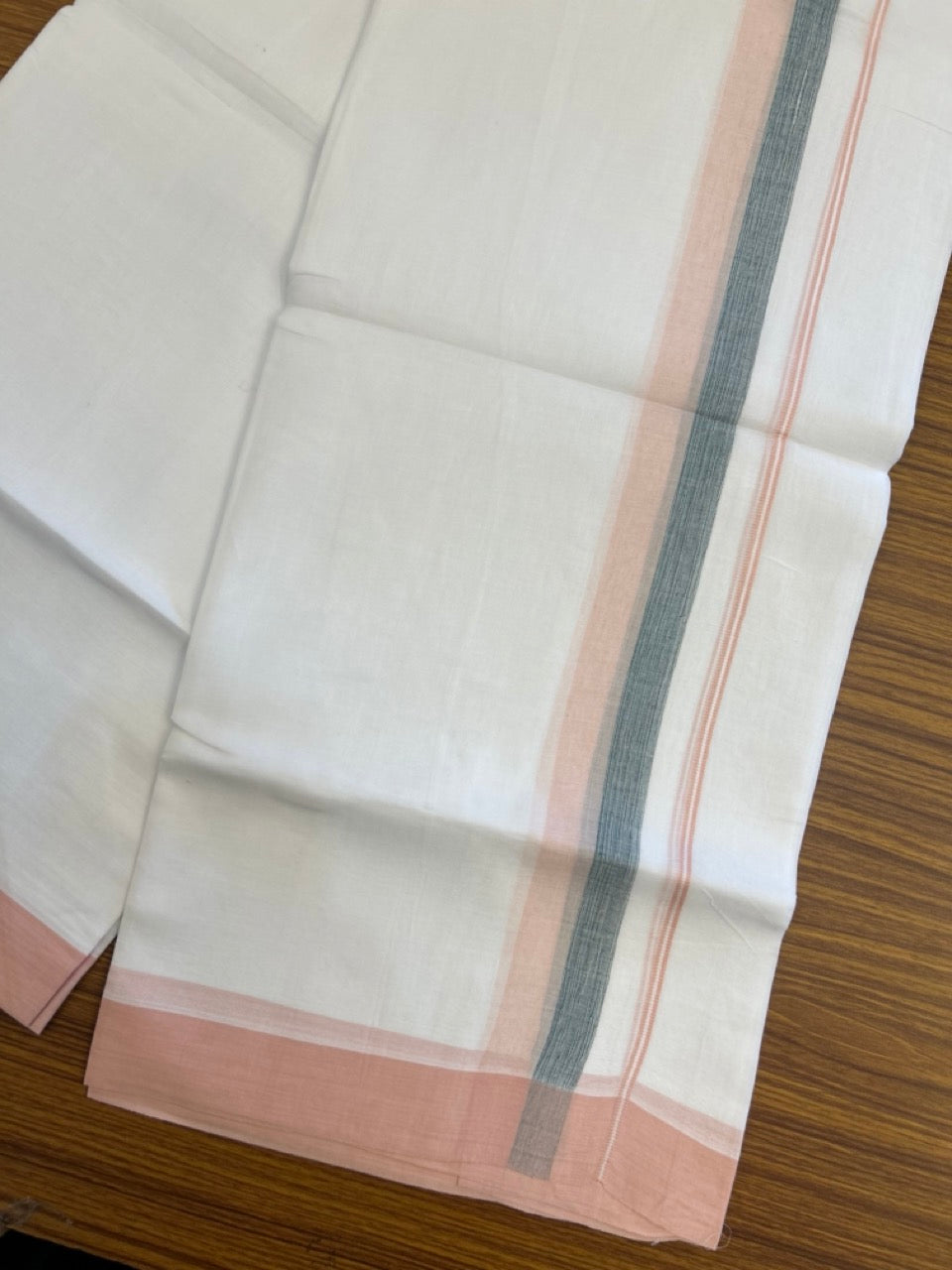 20% Discount ! Kaitharikada Balaramapuram 100% Cotton Pure White Double Mundu/Dothi - 60s - 1.5 inch Green & Light Peach Kara 3.80 mtr (8 muzham) - 45 KK5299 THI