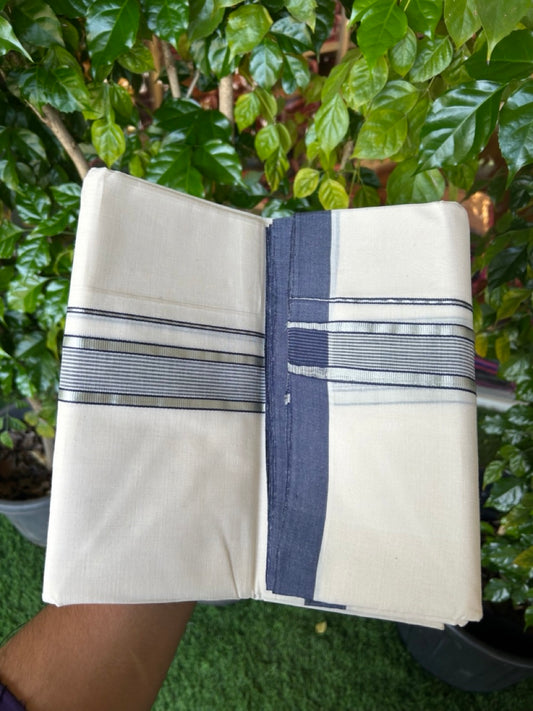 25% DISCOUNT!! KaithariKada HANDLOOM Millpaav Balaramapuram - 100% PURE Cotton OFF White Double (Unbleached) Mundu/Dothi - 80x90 - 1.5 Inch Silver Kasavu & Navy Blue Stripes Kara 4 mtr (8.5 muzham) - 14KK5234 RAM
