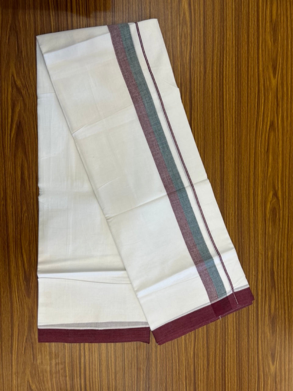 20% Discount ! Kaitharikada Balaramapuram 100% Cotton Pure White Double Mundu/Dothi - 60s - 1.5 inch Dark Green & Maroon Shaded Kara 3.80 mtr (8 muzham) - 51 KK5299 THI