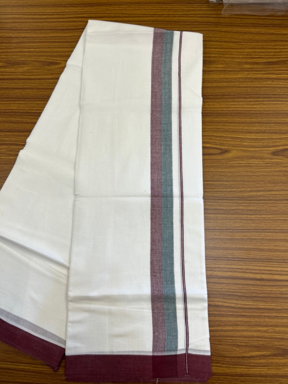 20% Discount ! Kaitharikada Balaramapuram 100% Cotton Pure White Double Mundu/Dothi - 60s - 1.5 inch Dark Green & Maroon Shaded Kara 3.80 mtr (8 muzham) - 51 KK5299 THI