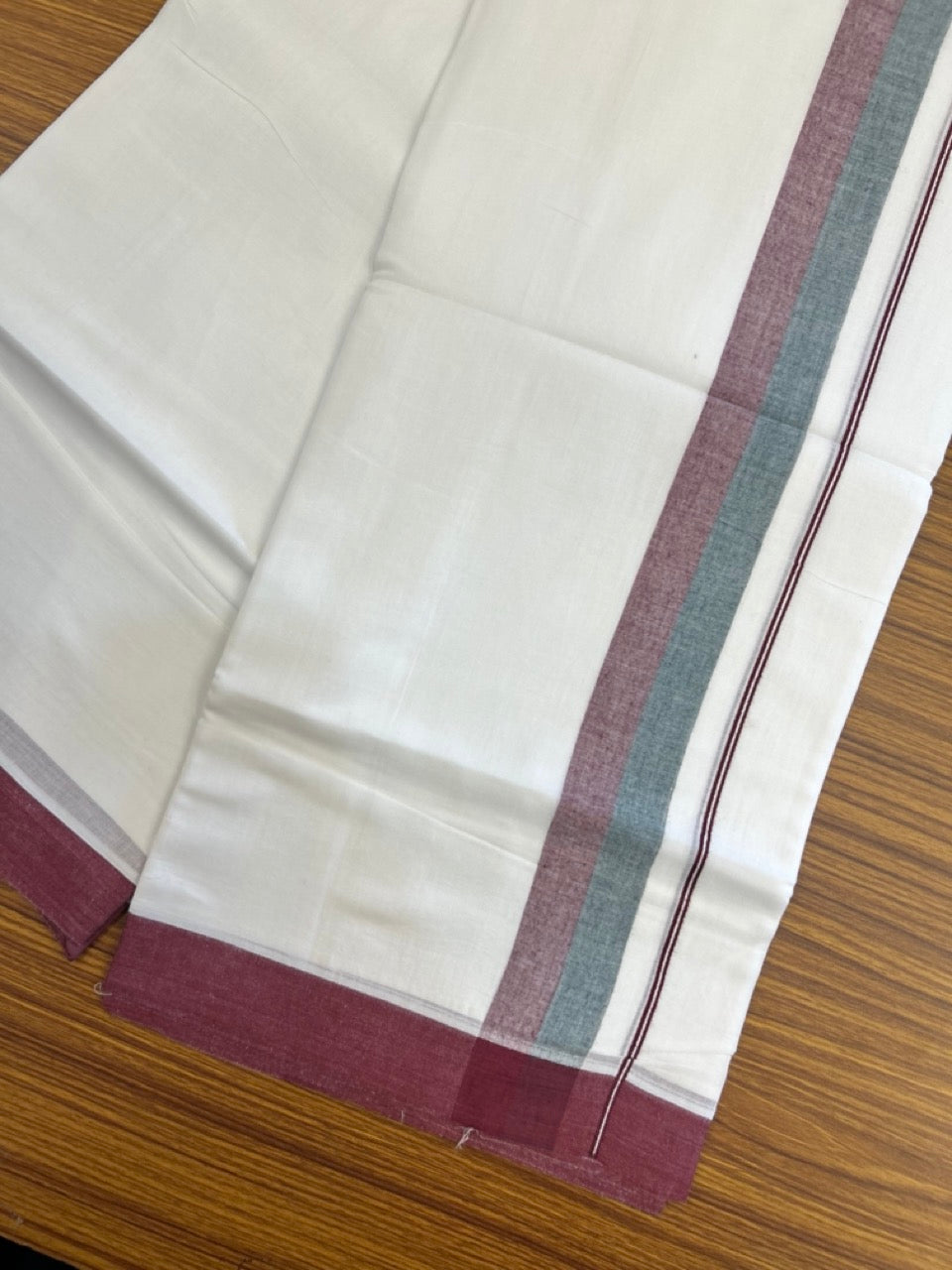20% Discount ! Kaitharikada Balaramapuram 100% Cotton Pure White Double Mundu/Dothi - 60s - 1.5 inch Dark Green & Maroon Shaded Kara 3.80 mtr (8 muzham) - 51 KK5299 THI