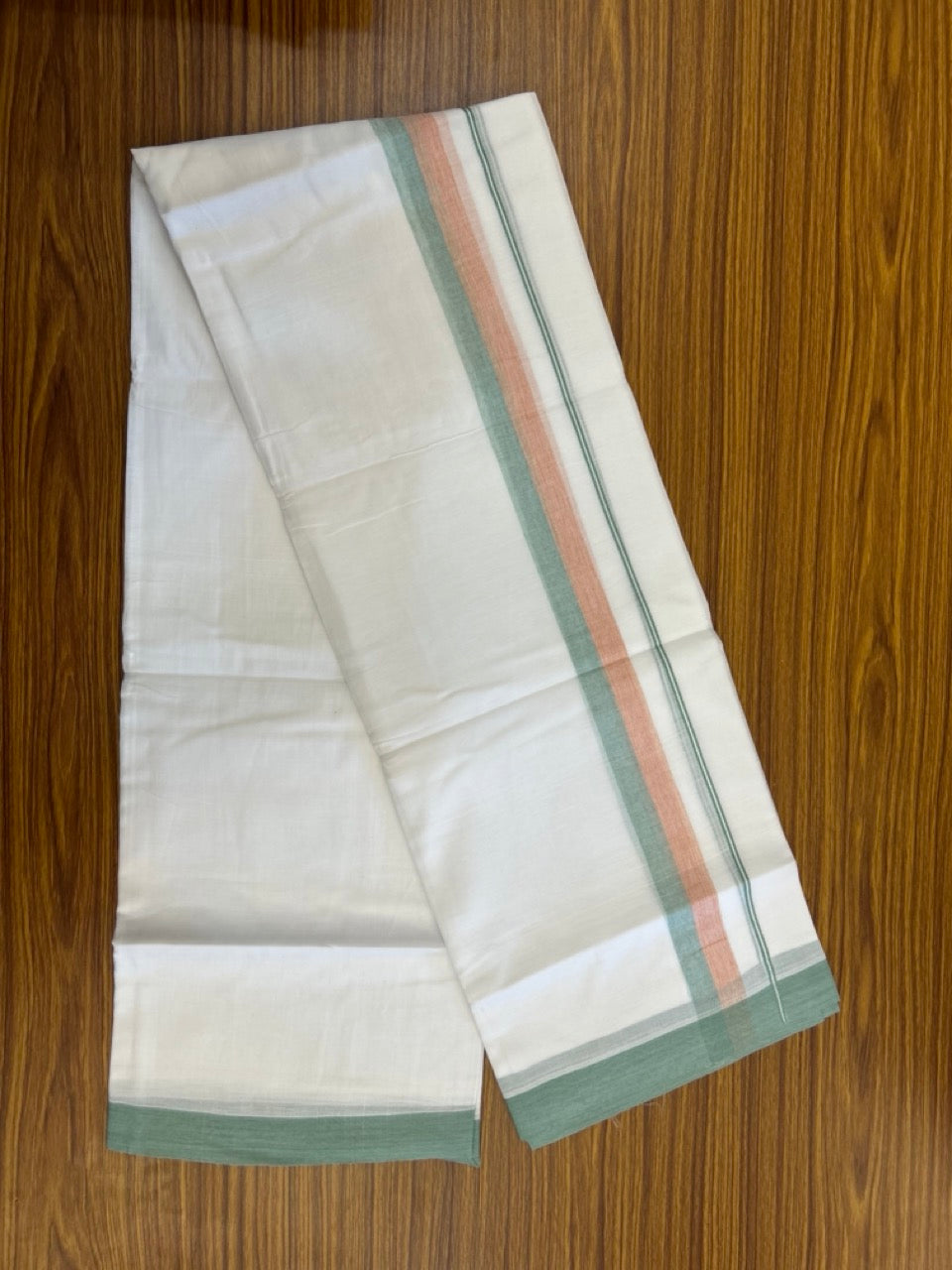20% Discount ! Kaitharikada Balaramapuram 100% Cotton Pure White Double Mundu/Dothi - 60s - 1.5 inch Light Green & Light Orange Shaded Kara 3.80 mtr (8 muzham) - 59 KK5299 THI