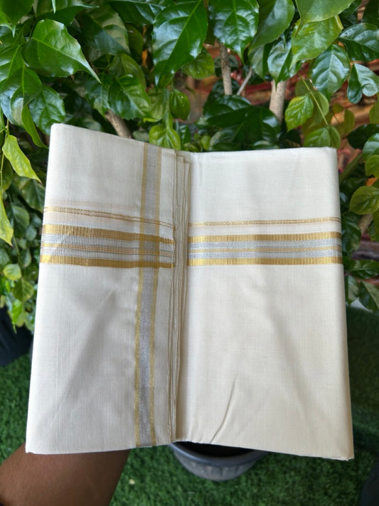 25% DISCOUNT ! KaithariKada HANDLOOM MILLPAAV Balaramapuram - 100% PURE Cotton Off White - (Unbleached) Double Mundu/Dhoti - 80X90 - 1 inch Gold Kasavu & Silver Kasavu Stripes Kara 4 mtr (8.5 muzham)- 13KK5234 RAM