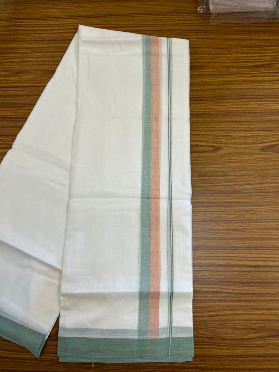 20% Discount ! Kaitharikada Balaramapuram 100% Cotton Pure White Double Mundu/Dothi - 60s - 1.5 inch Light Green & Light Orange Shaded Kara 3.80 mtr (8 muzham) - 59 KK5299 THI