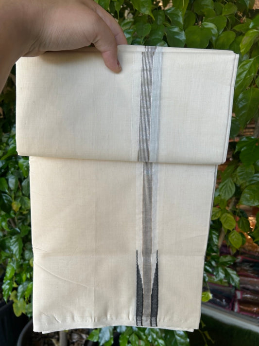 25% DISCOUNT!! KaithariKada HANDLOOM MILLPAAV Balaramapuram - 100% PURE Cotton OFF White Double - (Unbleached) Mundu/Dothi - 80X90 - 1 inch Puliyilakkara Black & Silver Kasavu Stripes chutty Kara 4 mtr (8.5 Muzham)- 11KK5234 RAM