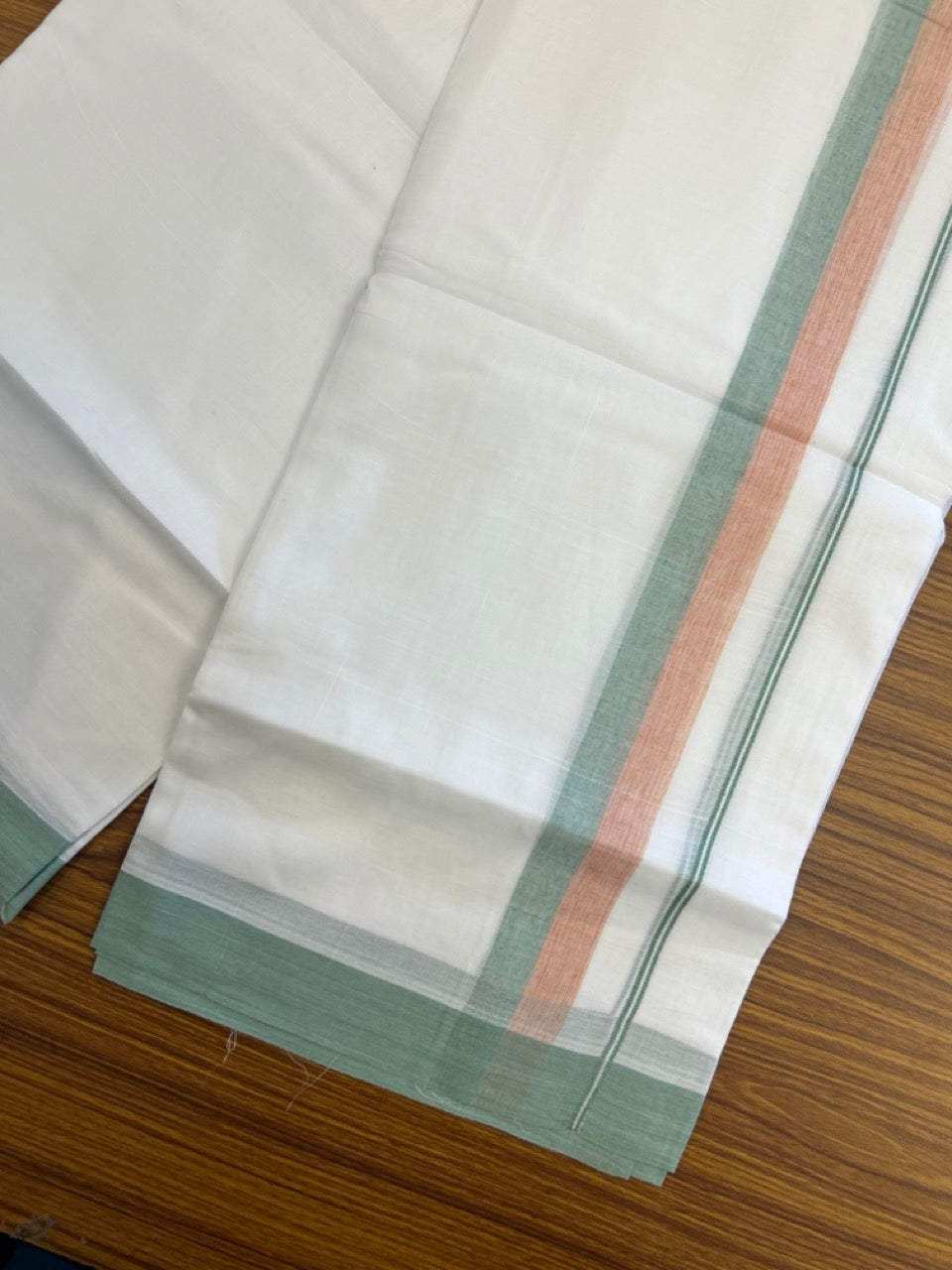20% Discount ! Kaitharikada Balaramapuram 100% Cotton Pure White Double Mundu/Dothi - 60s - 1.5 inch Light Green & Light Orange Shaded Kara 3.80 mtr (8 muzham) - 59 KK5299 THI
