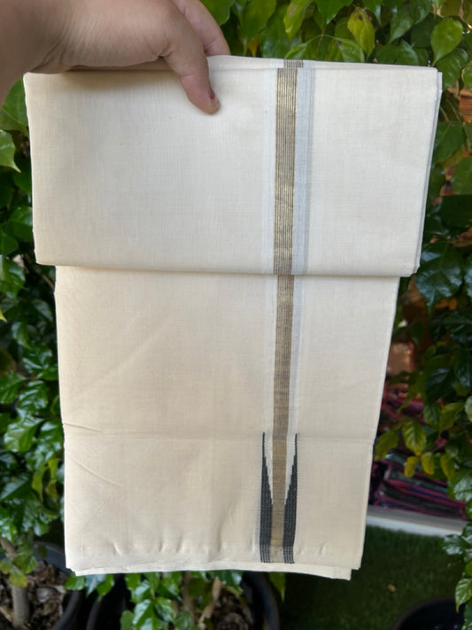 25% DISCOUNT!! KaithariKada HANDLOOM MILLPAAV Balaramapuram - 100% PURE Cotton OFF White Double - (Unbleached) Mundu/Dothi - 80X90 - 1 inch Puliyilakkara Black & Gold Kasavu Stripes chutty Kara 4 mtr (8.5 Muzham)- 10KK5234 RAM