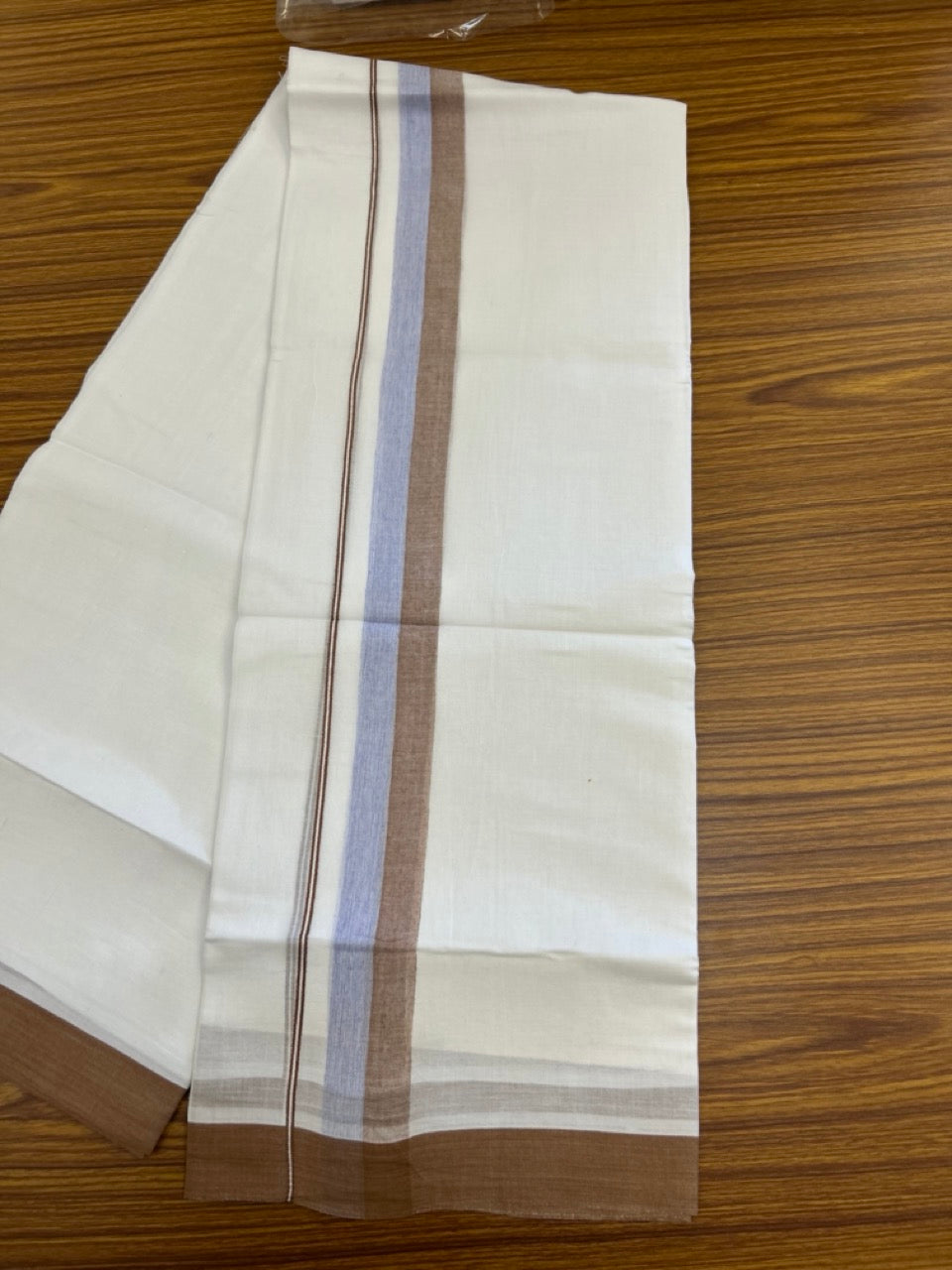 20% Discount ! Kaitharikada Balaramapuram 100% Cotton Pure White Double Mundu/Dothi - 60s - 1.5 inch Light Blue & Brown Shaded Kara 3.80 mtr (8 muzham) - 54 KK5299 THI
